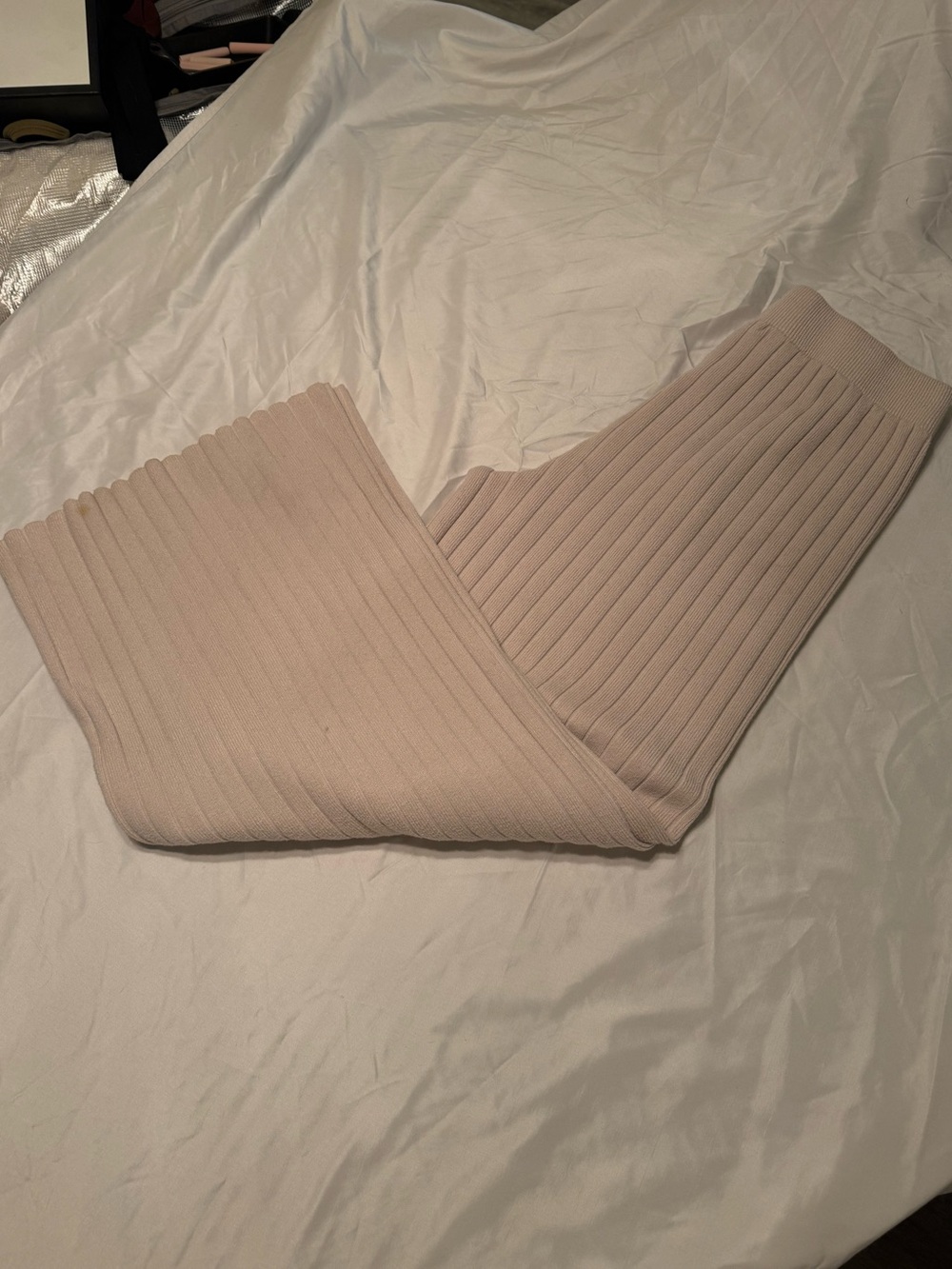 Sincerely Jules Ribbed Wide-Leg Knit Pants in Light Beige